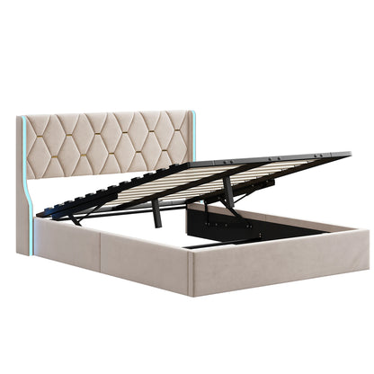 Polsterbett Doppelbett 140x200 cm, Bett mit Stauraum und Lattenrost, Bett mit LED, Stauraumbett mit Bettkasten und Kopfteil