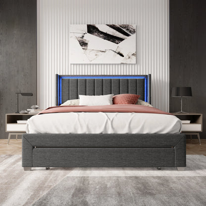 Rosahqnda Gepolsterter Bettrahmen mit LED, USB, Schubladen, Leinen Plattformbett 140-160-180×200cm,Jugendwohnungsbett,Gästebett