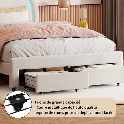 WoodenAura Doppelbett 140 × 200 cm gepolstertes mit 2 Schubladen und LED-Lichtst reifen, mit Rückenlehne Kopfteil und Lattenrost