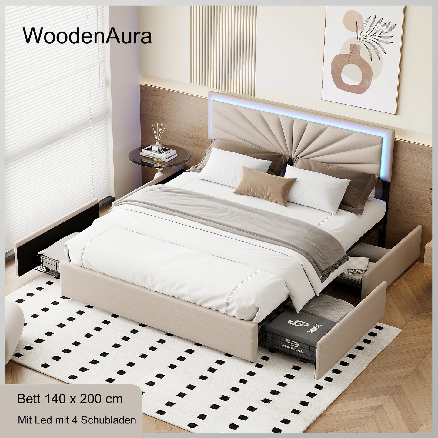 WoodenAura Polsterbett 140x200 cm mit LED-Beleuchtung,Doppelbett mit 4 Schubladen, Höhenverstellbarem Kopfteil und Holzgestell