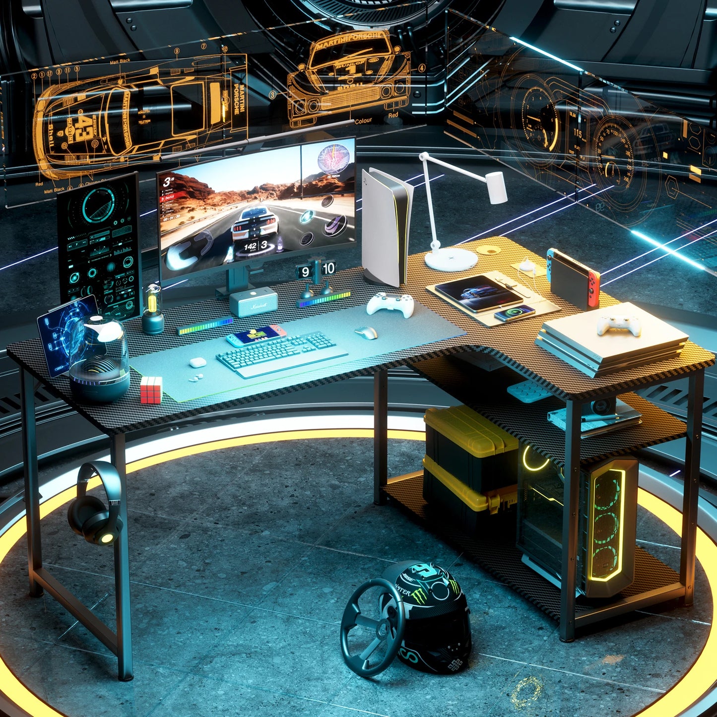 COMHOMA Schreibtisch Gaming Tisch mit Regal, Eckschreibtisch mit USB-Ladeanschluss und Steckdose, 120cm Computertisch L Form, PC