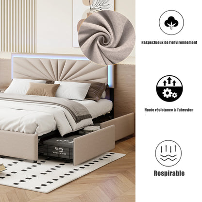 WoodenAura Polsterbett 140x200 cm mit LED-Beleuchtung,Doppelbett mit 4 Schubladen, Höhenverstellbarem Kopfteil und Holzgestell