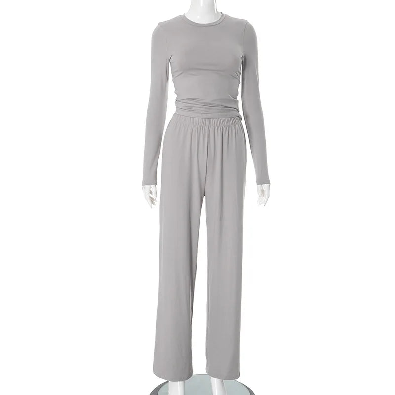 Apprabant Solid Pleated Casual Basic Trousers Set Round Neck Long Sleeve Top Fashion Sports Style High Waist Wide Leg Pants Suit.