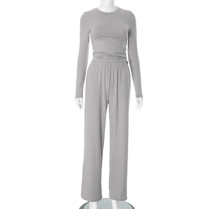 Apprabant Solid Pleated Casual Basic Trousers Set Round Neck Long Sleeve Top Fashion Sports Style High Waist Wide Leg Pants Suit.