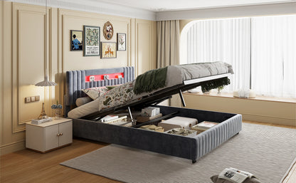 Rosahqnda Polsterbett, Hydraulisches Doppelbett mit LED-Lichtleiste und großem Stauraum, 140-160 x 200 cm, Weiß/Grau