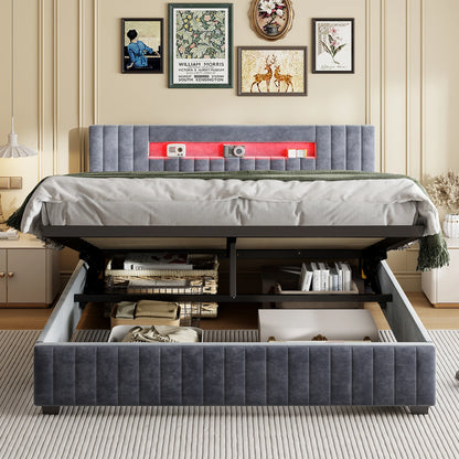 Rosahqnda hydraulisches Doppelbettgestell 140–160 x 200 cm mit LED, USB und großem Stauraum, gepolstertes Gästebett, Teenager-Wohnbett, Samt