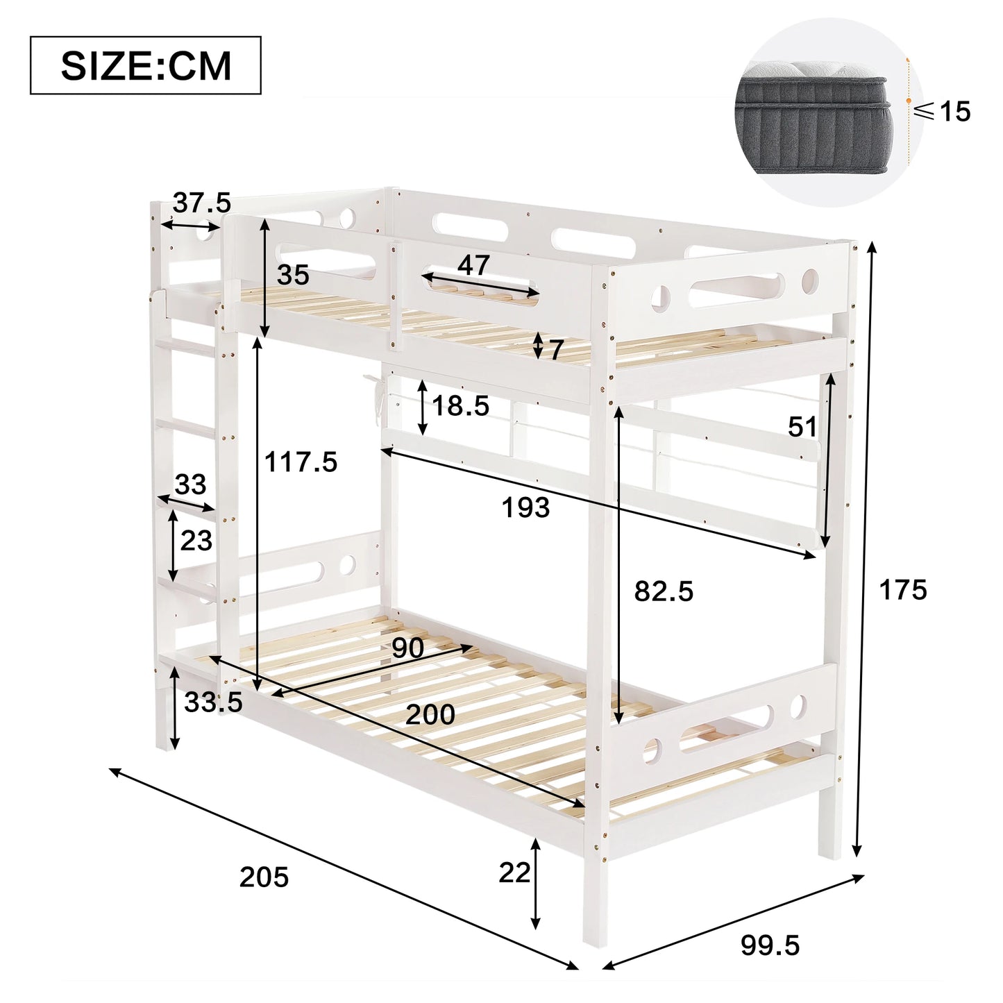 Etagenbett, Kinderbett mit Fallschutzgitter, Offenes Regal, Fünfstufige Leiter, Reichlich Stauraum, Kiefer+MDF, Weiß, 90x200cm