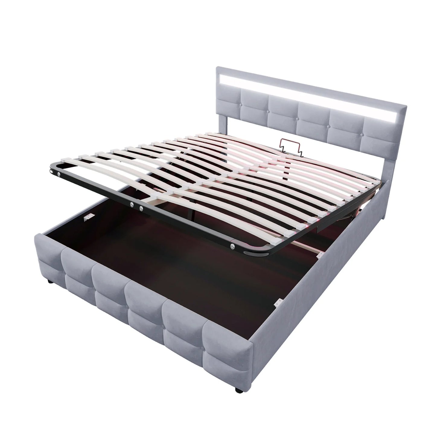 Anajqaqia Polsterbett 180 x 200 cm, hydraulisches Bett mit großem Stauraum, Doppelbettrahmen mit Lattenrost, Samt, Grau