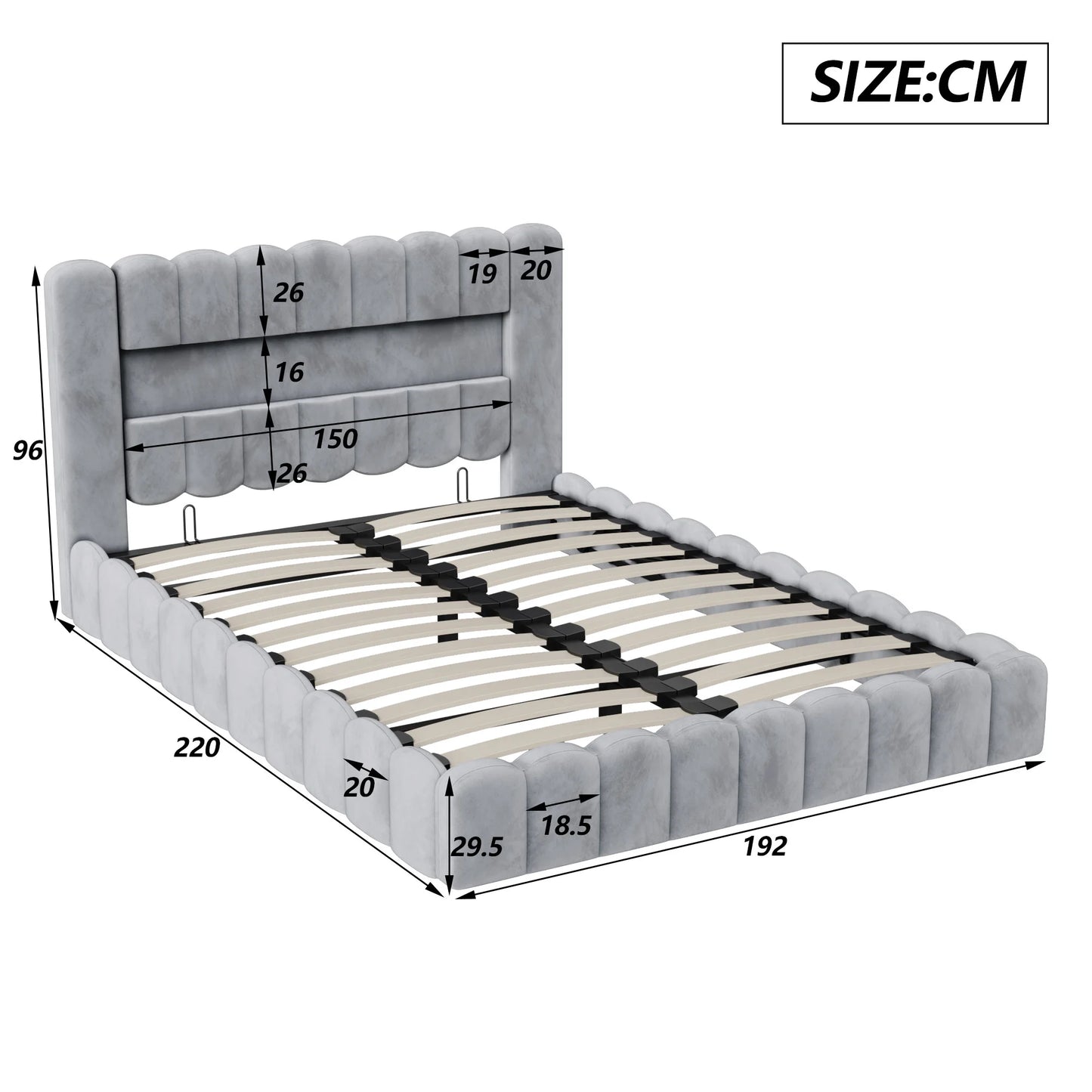 Rosahqnda Hydraulisches Doppelbett 180 x 200 cm, LED & USB Bett mit Stauraum, gepolstertes Gästebett, Jugendbett, Samt