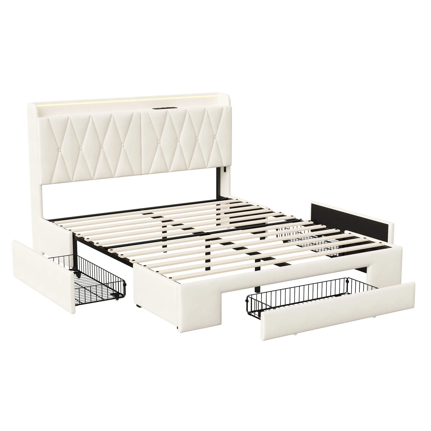 Comanlai Polsterbett 140 x 200 cm, Doppelbett mit 3 Schubladen, USB-Ladefunktion, ohne Matratze, Samt, Beige