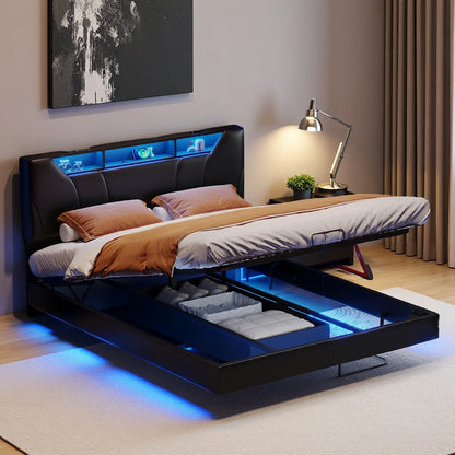 Doppelbett160x200cm,Polsterbett mit USB und LED,schwimmendes Bett mit Hydraulik&verstellbarem Kopfteil,PU,Schwarz,Ohne Matratze