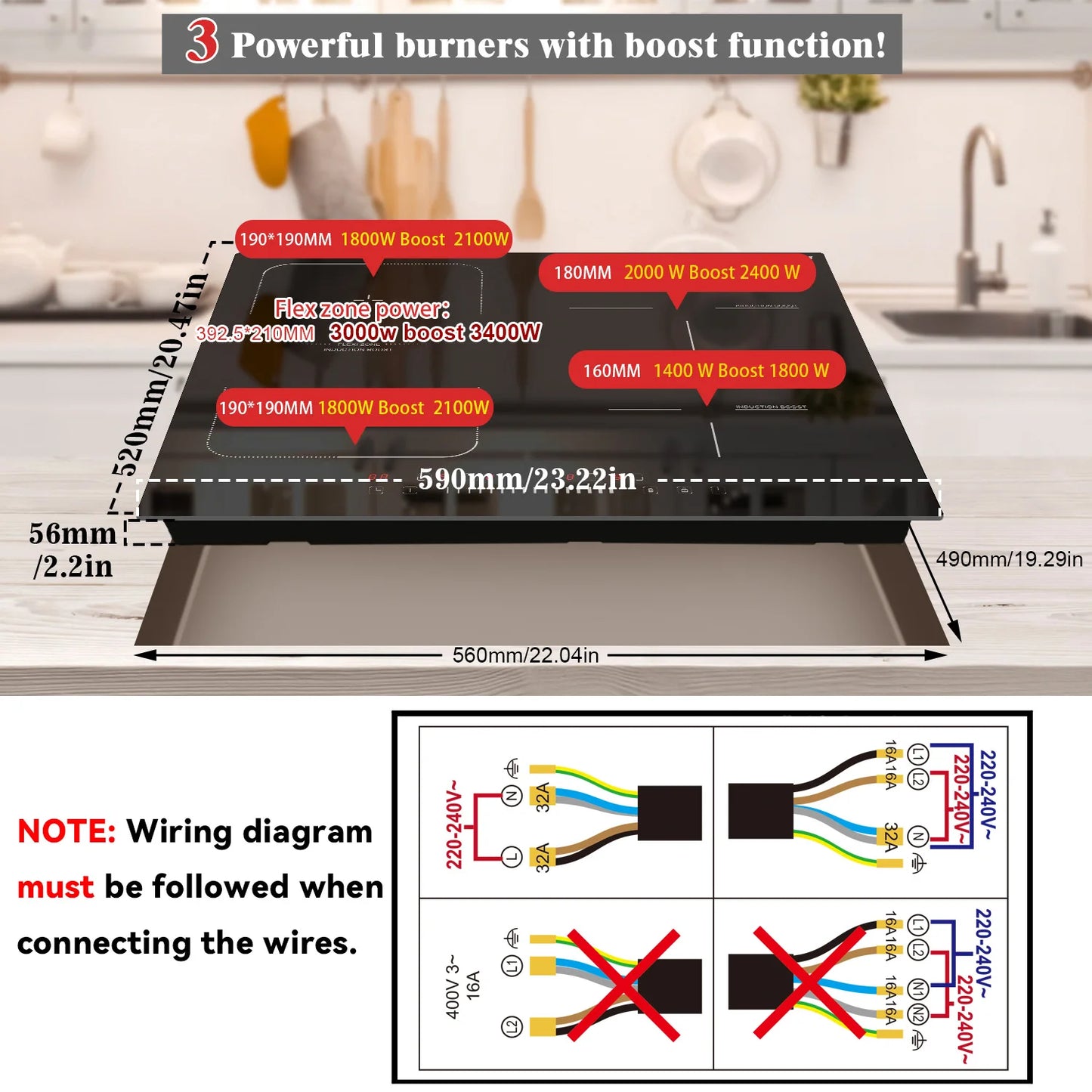 Karinear Built-in 4-Burner Induction Cooktop, electric Induction Hob with Flexzone, Slider Control, Timer, Boost Function, 7200W.