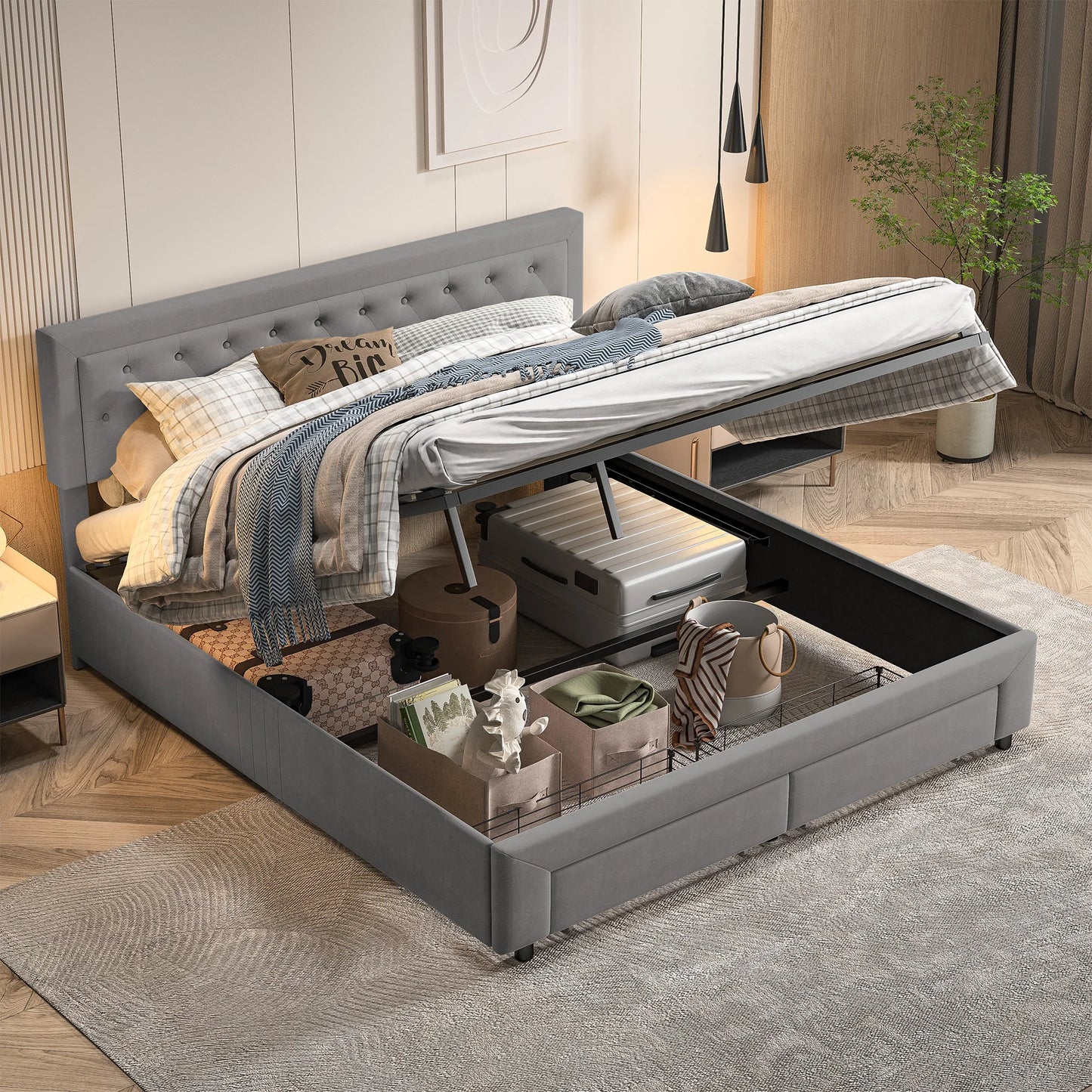 Rosahqnda Bett mit Stauraum, 160–180 x 200 cm, mit Schubladen gepolstert, Doppelbett, hydraulisches Bett, Jugendbett, Wohnungsbett, Samt, Beige/Grau