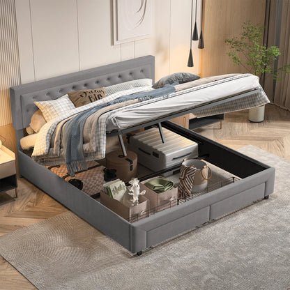 Rosahqnda Bett mit Stauraum, 160–180 x 200 cm, mit Schubladen gepolstert, Doppelbett, hydraulisches Bett, Jugendbett, Wohnungsbett, Samt, Beige/Grau