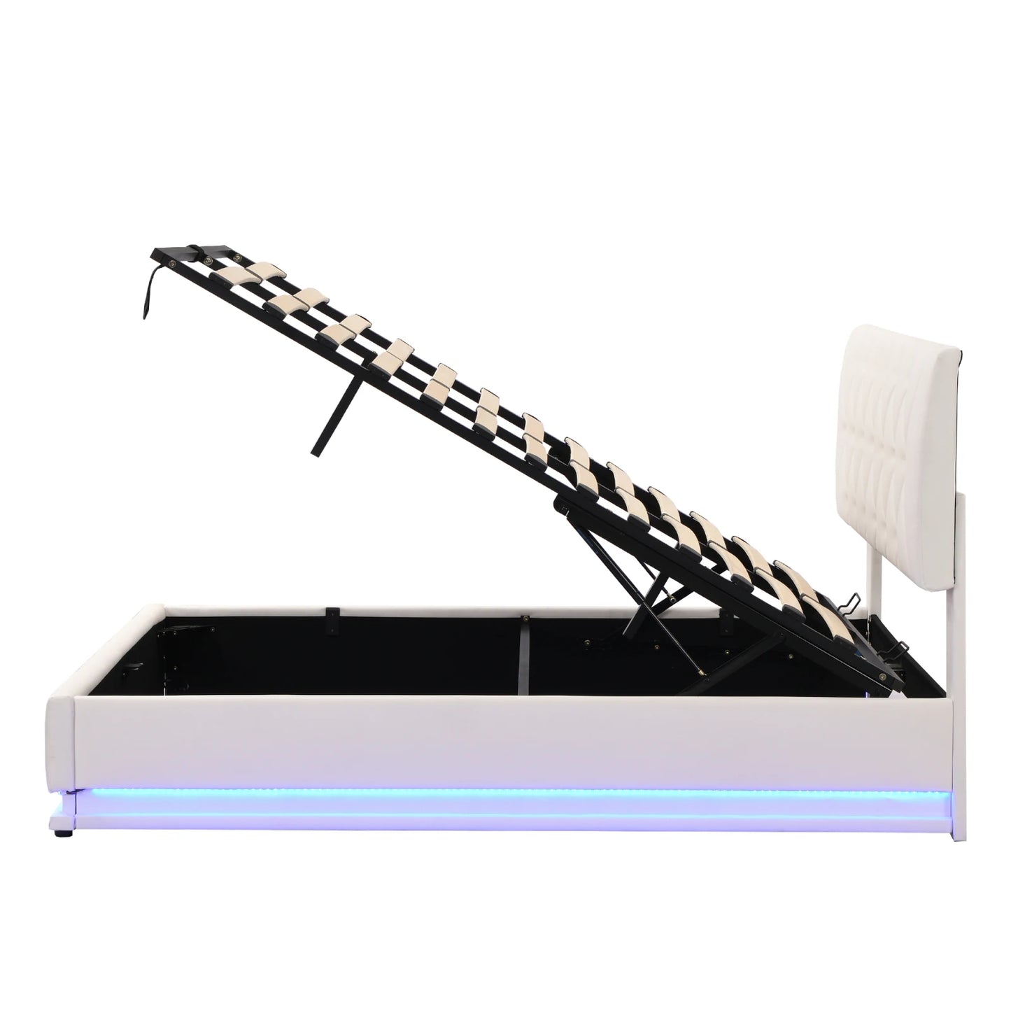 Rosahqnda gepolstertes Doppelbett 140 x 200 cm, LED-Beleuchtung, Doppelbett mit Stauraum, Kinderbett, Jugendbett, weißes PU-Leder