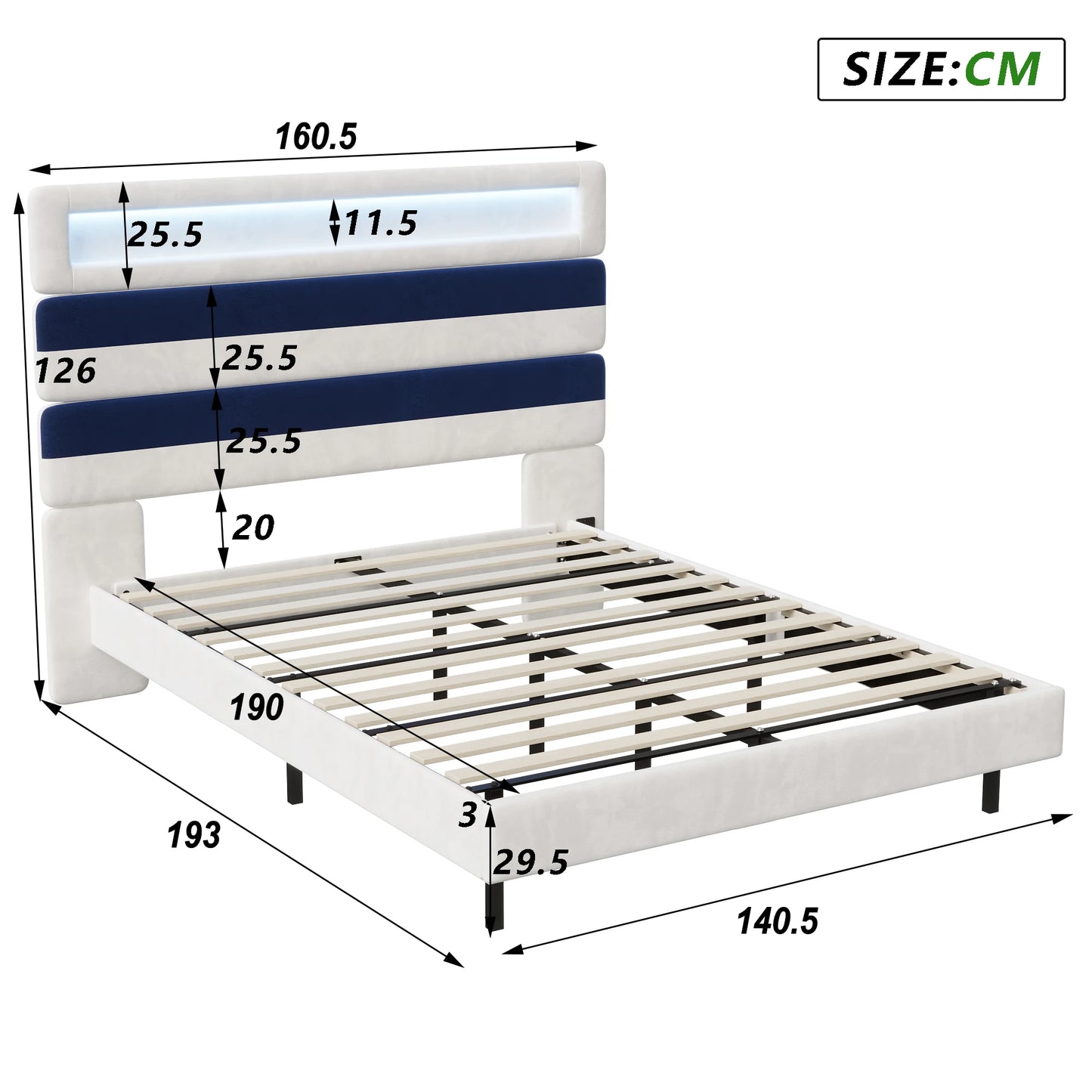 Anajqaqia 140 x 190 cm gepolstertes Bett, Doppelbett mit USB-Ladeanschluss, Kopfteil und Unterbett mit Lichtleiste, Samt