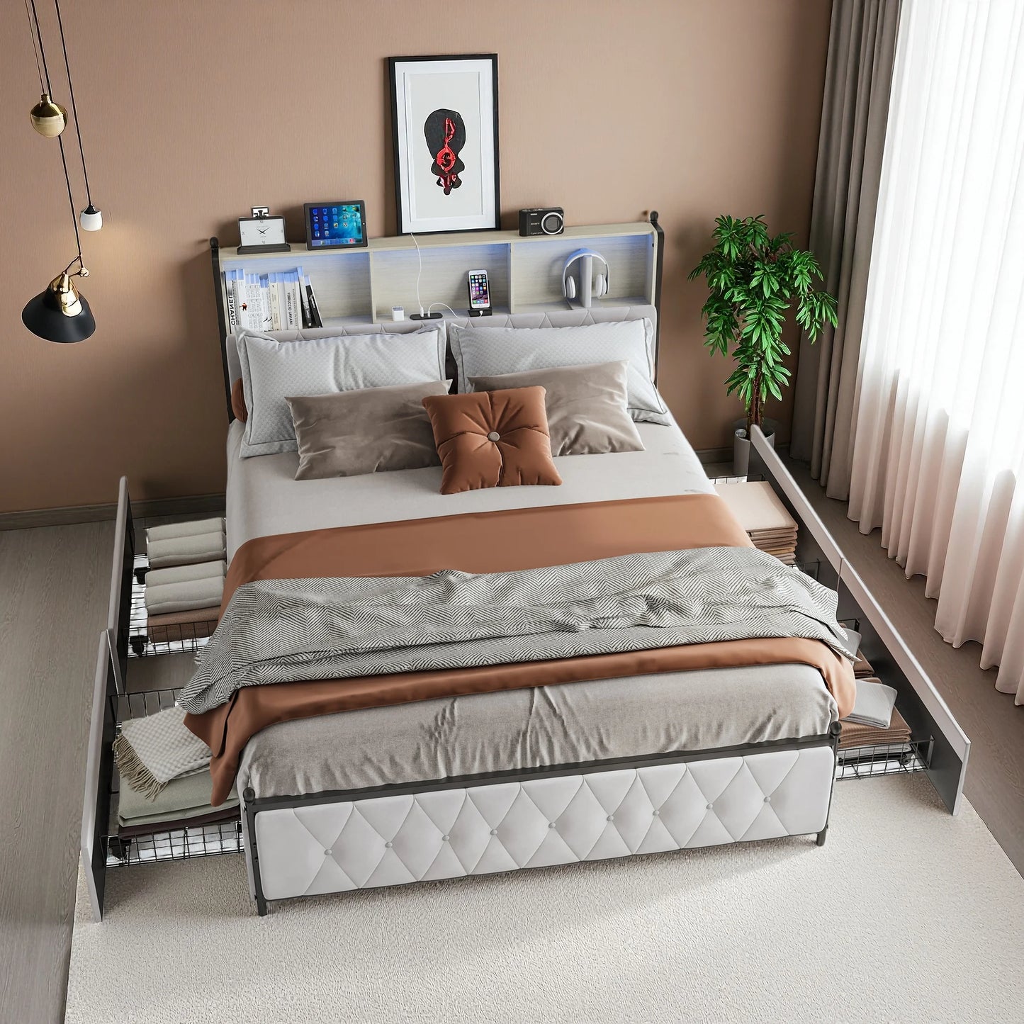 WoodenAura 140x200cm Polsterdoppelbett mit LED-Kopfteil und USB, mit Lattenrost und 4 Schubladen, Stauraum, Funktionsbett180x200