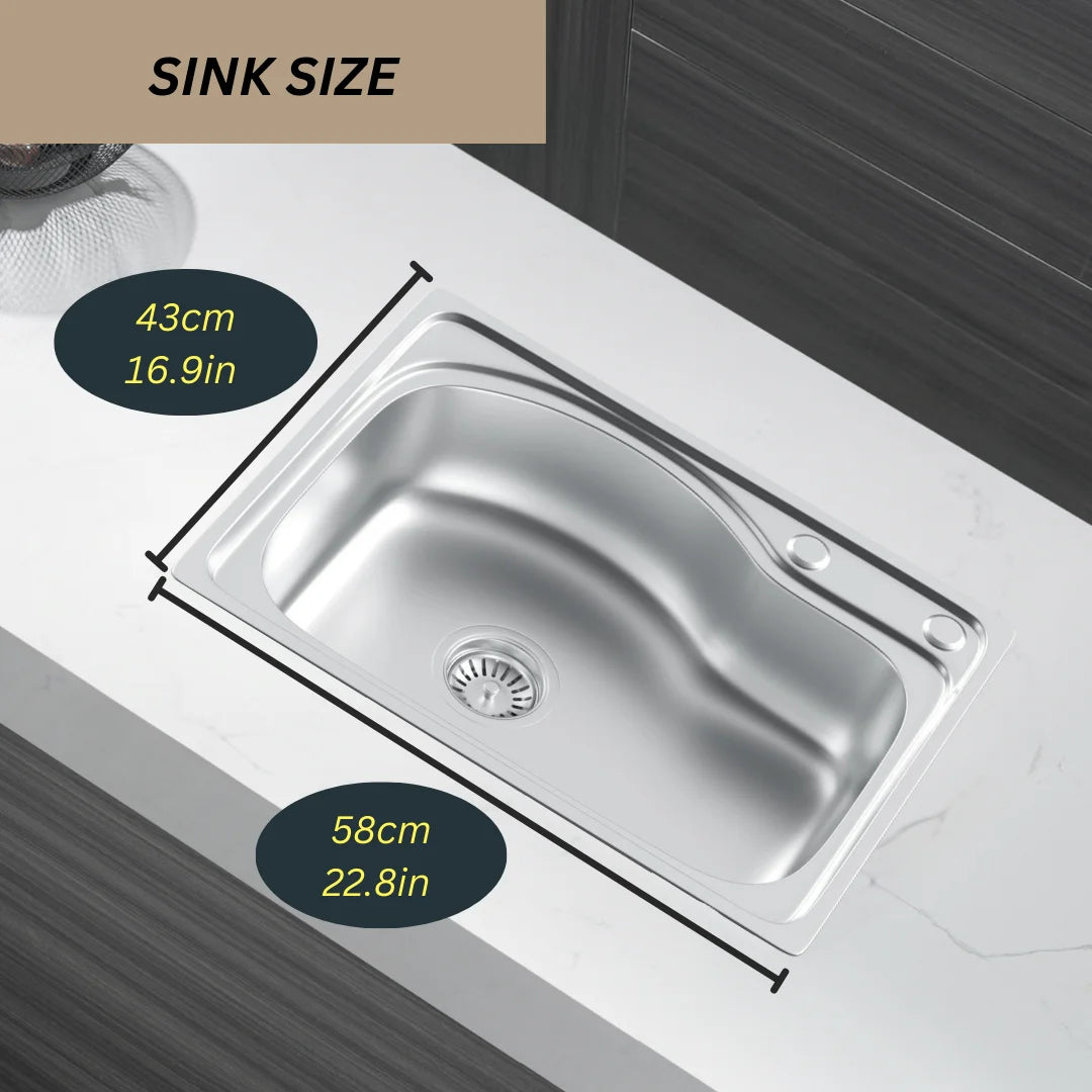 58 x 43 cm große Küchenspüle aus silbernem Inox-Edelstahl mit Abflussbaugruppe – obere Montage für Zuhause