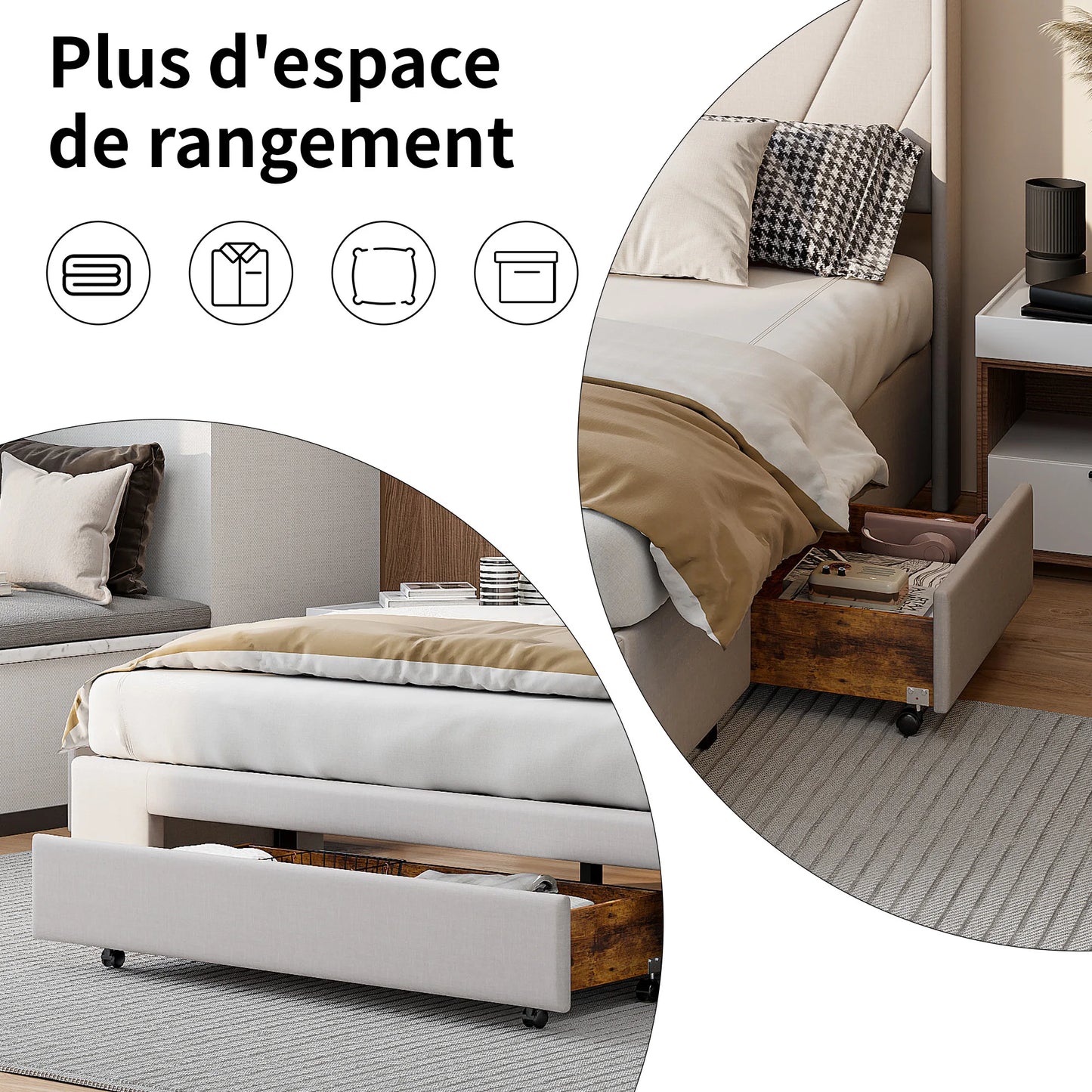 UrbanLuxe Doppelbett 160x200 cm mit 3 Schubladen, Bett mit Stauraum, Lattenrost, Bettgestell, Leinen, Beige, ohne Matratze