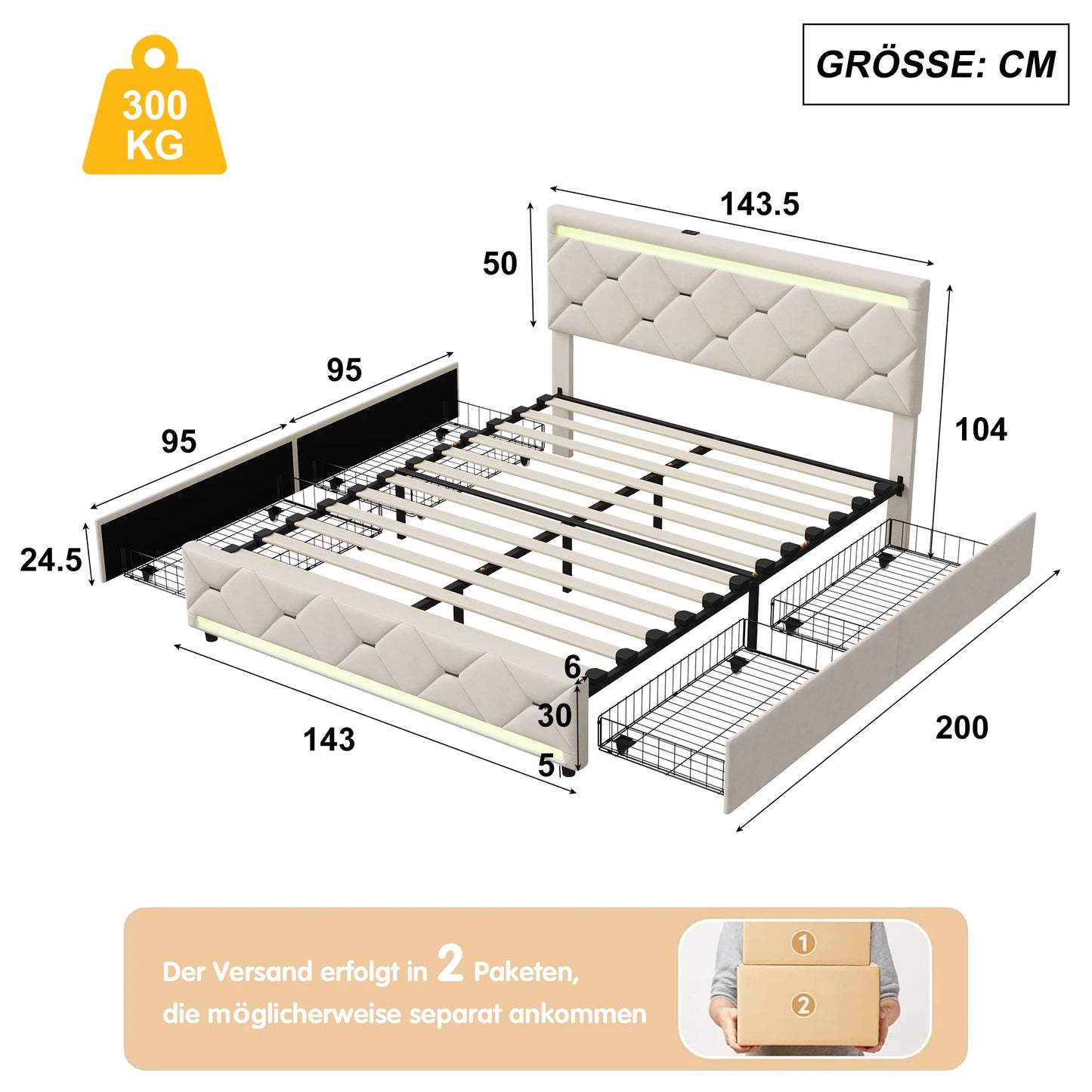 Rosahqnda gepolstertes Bett mit Stauraum, USB-Ladefunktion und LED-Kopfteil und 4 Schubladen, Doppelbettrahmen