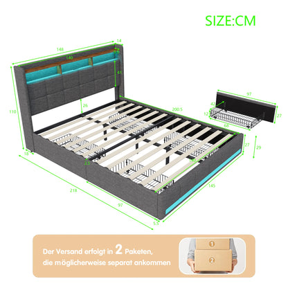 Bett mit Schubladen, 140/160 x 200 cm, Stauraumbett mit USB-Ladefunktion und LED-Kopfteil, Doppelbett mit Stauraum und 4 Schubladen. Jugendbett, funktionales Bett, Kopfteil, Lattenrost aus Holz, grau.
