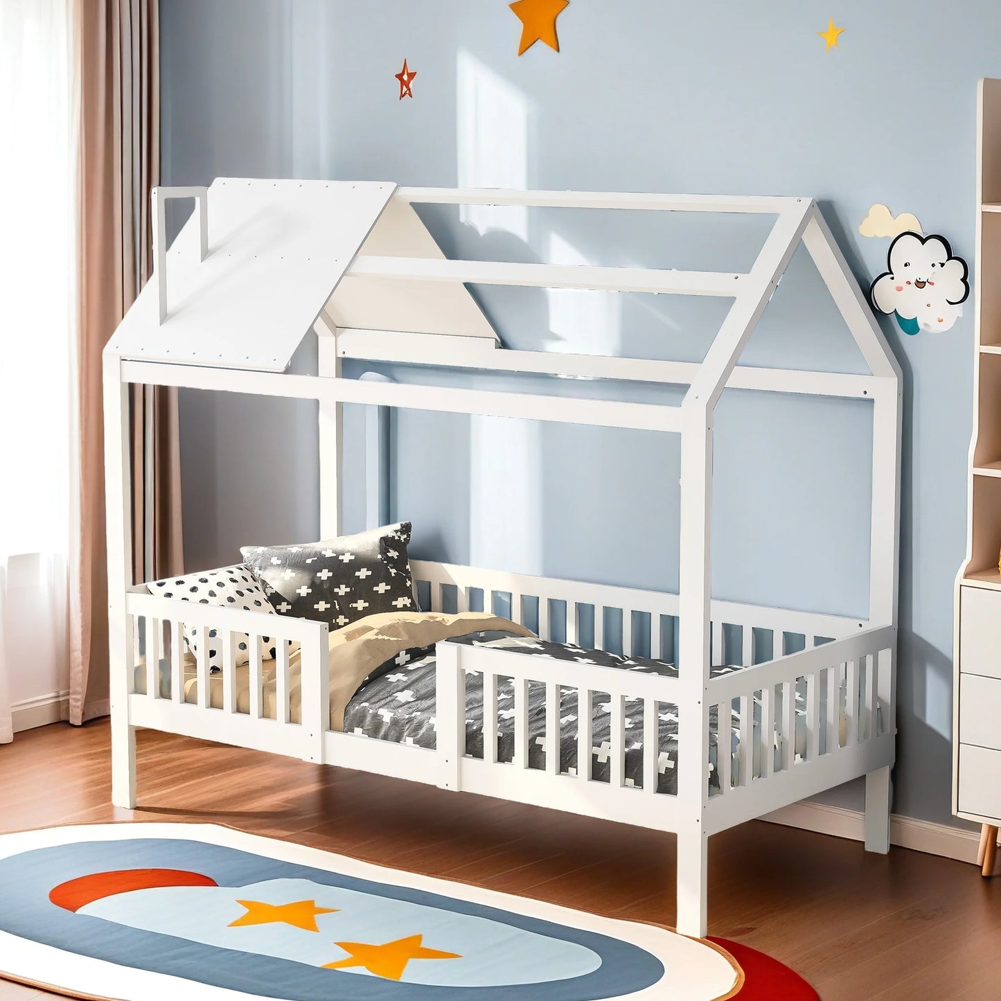 Roshanda Kinderbett, 90 x 200 cm, Hausbett, Einzelbett, mit Tafel/Bücherregal/Schublade, Kiefer, Weiß