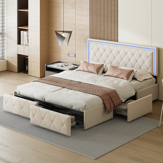 WoodenAura Polsterbett 160x200 cm mit LED-Beleuchtung, Doppelbett mit 4 Schubladen, Bett rahmen mit Lattenrost, keine Matratze