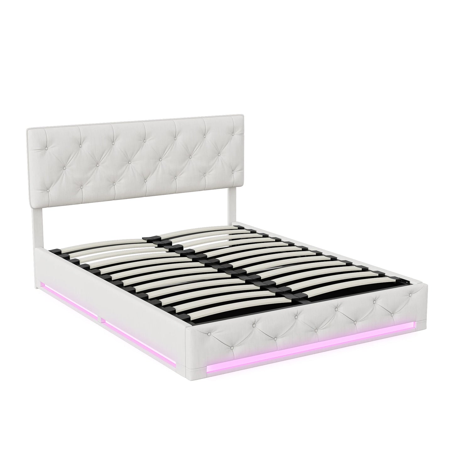 Rosahqnda upholstered bed, double size, with LED lights, storage bed with hydraulic lift box, adjustable headboard height, linen