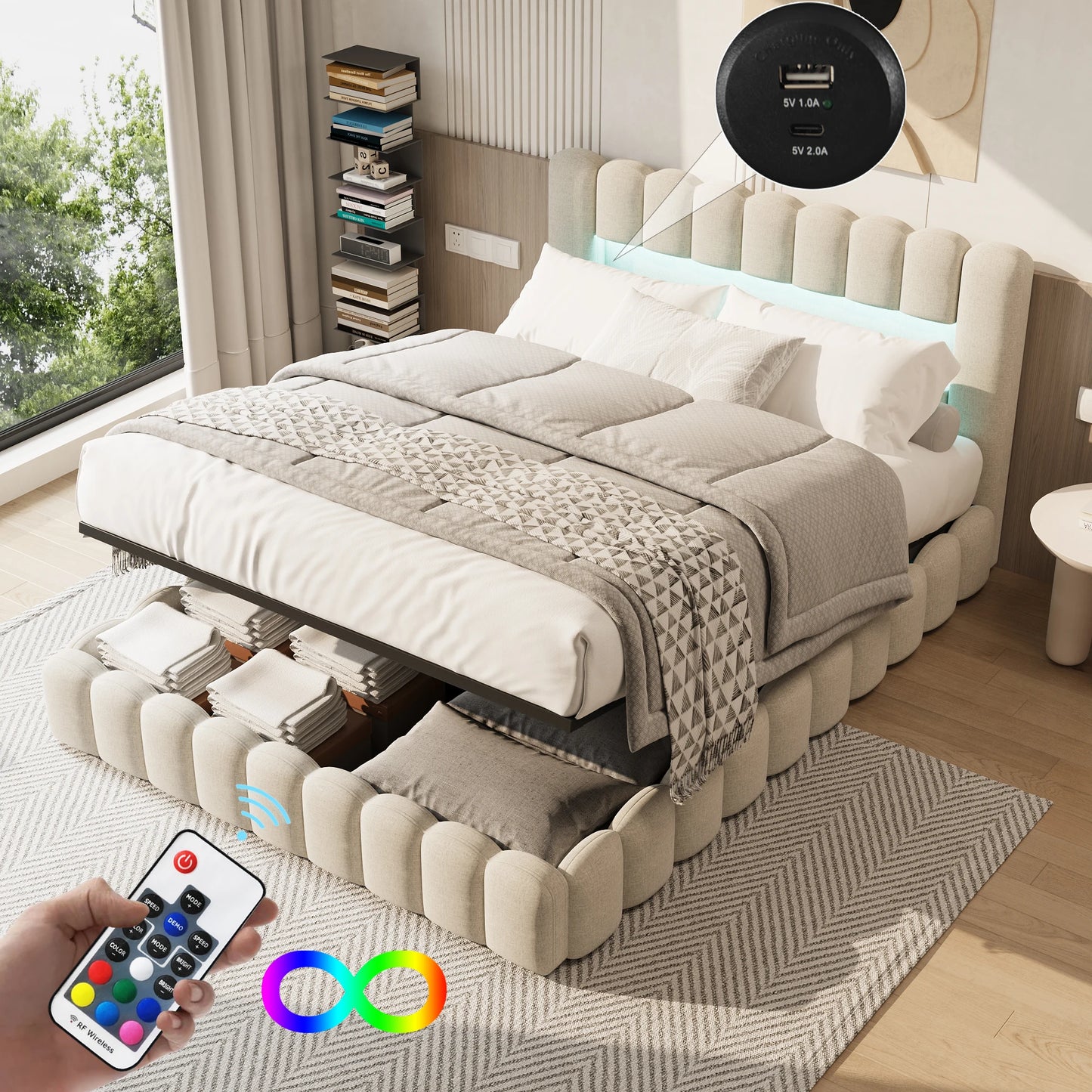 Polsterbett,Eingebettete Matratze,Doppelbett mit weicher Rückenlehne,Kopfteil mit LED und USB-Anschluss,ohne Matratze