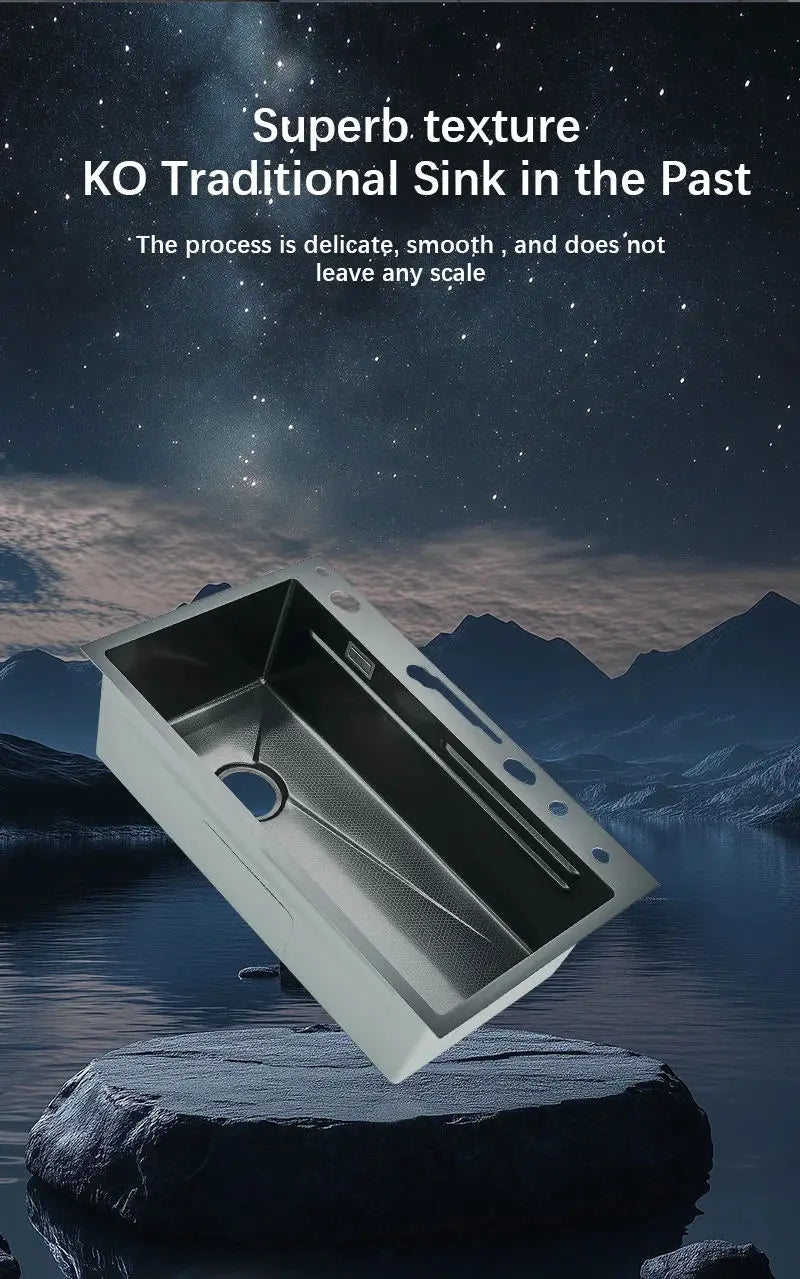 Wasserfall-Küchenspüle aus Edelstahl 304, großes Einzelschlitz-Wasserhahn-Set mit integrierter Digitalanzeige, Seifenspender, Tassenwascher