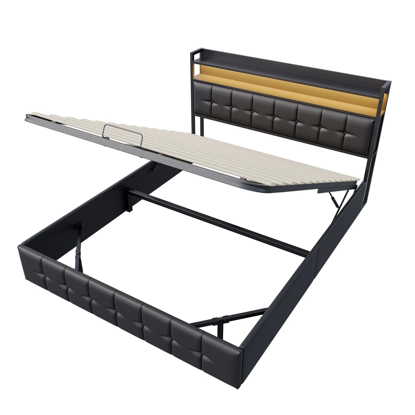 Polsterbett 140x190 cm, mit LED-Beleuchtung und USB, mit Rückenlehnenrahmen, hydraulisches Speicherbett, Funktionsbett, PU