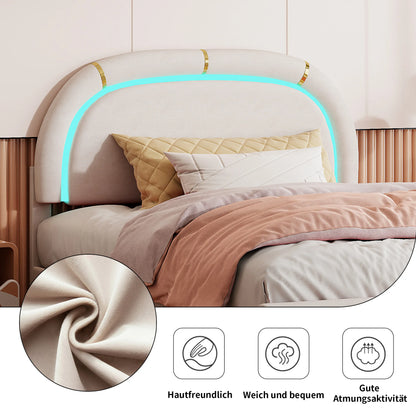 Comanlai 140 x 200 cm Polsterbett, mit Lattenrost aus Holz, mit LED und 2 Schubladen, ohne Matratze, Jugendbett, Samt, Beige