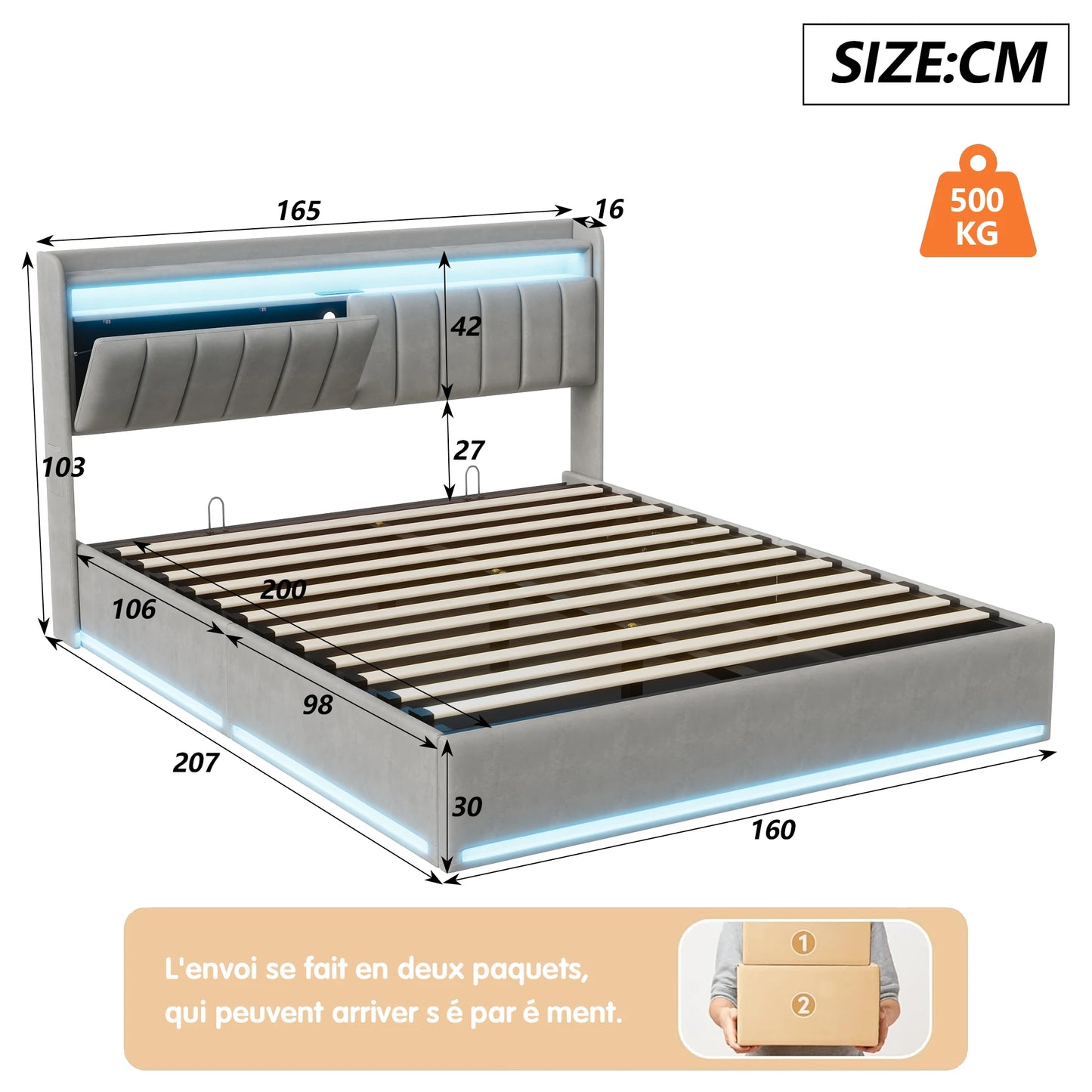 Rosahqnda Doppelbett,Kopfteil mit LED-Beleuchtung,USB-Anschlüssen und Ablagefach,Stauraumbett,Gästebett,Jugendbett,Samtstoff