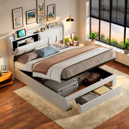 Rosahqnda Doppelbett mit USB, Schublade und Kopfteil, gepolstertes Bett, Luftdruckbett, 140–160 x 200 cm, Samt, Beige