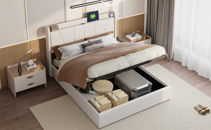 RosahqndaPolsterndes Doppelbett mit Stauraum unter dem Bett, LED-Kopfteil mit USB/Typ C, Bettgestell mit Stauraum und Lattenrost