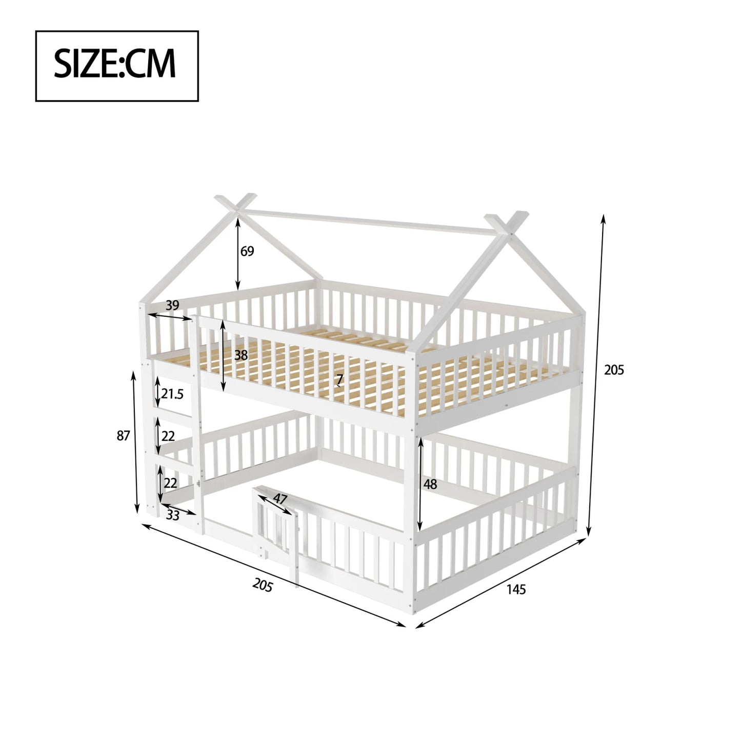 Anajqaqia Etagenbett 140 x 200 cm, Kinder-Familienbett mit Treppe und Tür, weiches Bett, Hausbettgestell mit Absturzsicherung, weiß