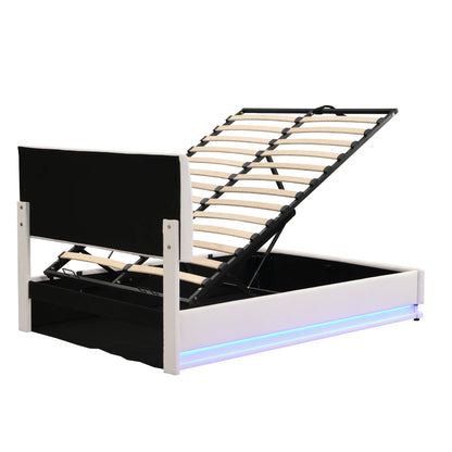 Rosahqnda gepolstertes Doppelbett 140 x 200 cm, LED-Beleuchtung, Doppelbett mit Stauraum, Kinderbett, Jugendbett, weißes PU-Leder