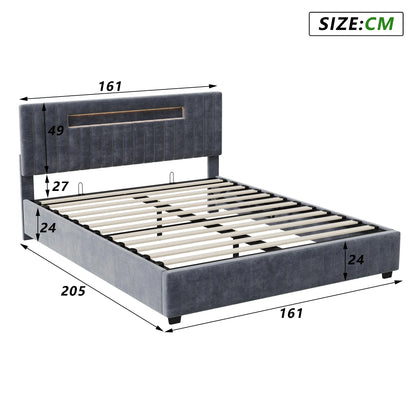 Rosahqnda 140x200 Bett mit Stauraum und Untergestell, gepolstertes Bett mit Stauraum, Doppelbett mit LED, Bettgestell aus Samt, mit Lattenrost, Grau