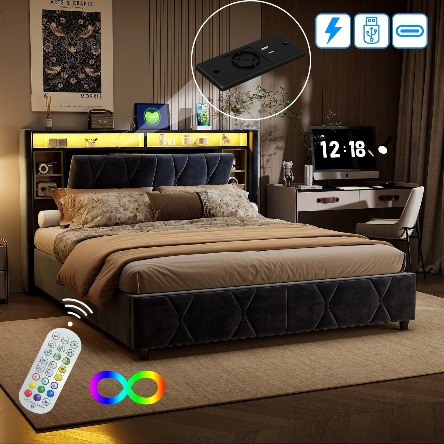 ROSAHQNDA Doppelbett mit Stauraum, LED-Bücherregal-Kopfteil mit USB, Polsterbett 140/160 x 200 cm, Samt, ohne Matratze