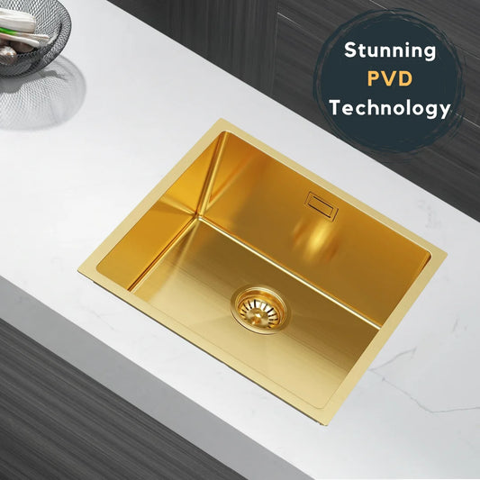 Flovia Gold PVD-Edelstahlspüle 44 x 44 cm – Einzelschüssel oben/Untermontage – mit Abflusssatz und Zubehör