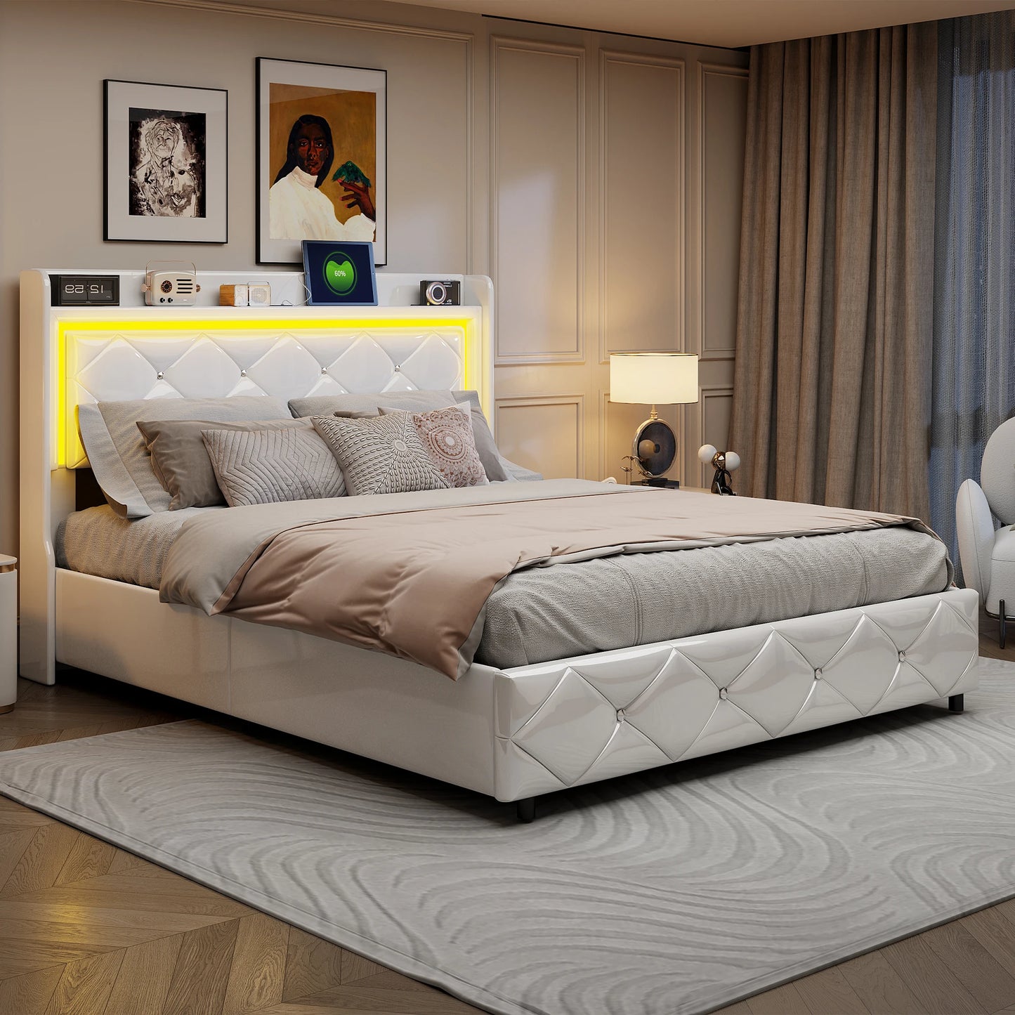 WoodenAura 140x200cm PU-Polsterbett, weißes Einzel und Doppelbett mit Lattenrost, Holz Kopfteil mit dekorativen Knöpfen, RGB-LED