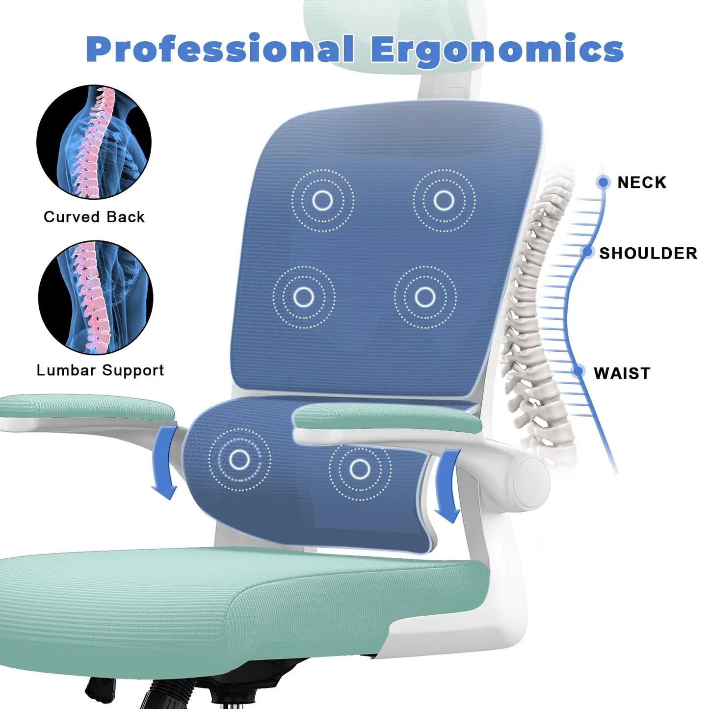 Ergonomic Office Chair, Desk Chair with Folding Armrests, Height-Adjustable, Breathable Backrest, Swivel Chair 360°