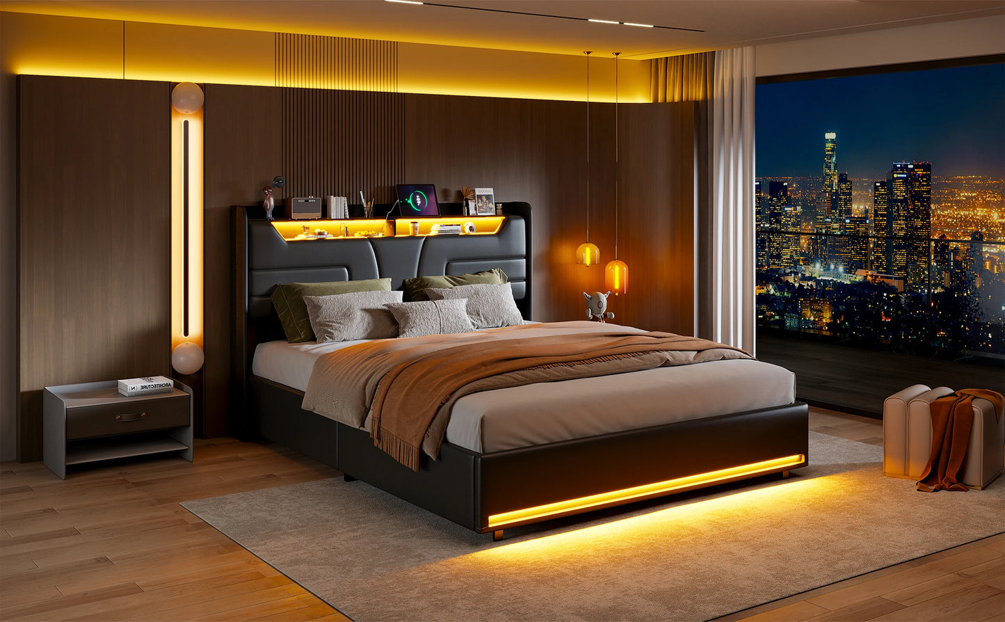Rosahqnda Doppelbett 140–160 x 200 cm, gepolstertes Bett mit LED, USB und Stauraum, hydraulisches Funktionsbett, PU, Schwarz