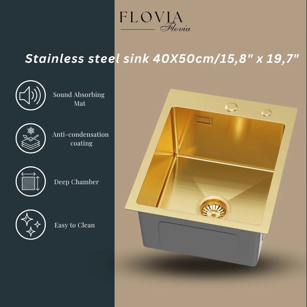 PVD Gold Edelstahlspüle 40 x 50 cm – Einzelbecken mit Abflussrohr, Wasserhahnloch, X-Drain-Design für schnellen Wasserdurchfluss