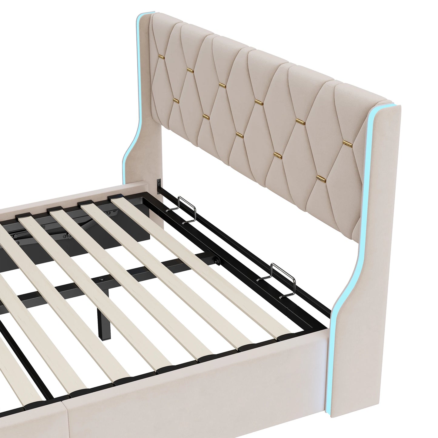 Bett 140x200 cm, Polsterbett mit Hydraulischem Stauraum und LED-Kopfteil, Doppelbett Stauraumbett mit Lattenrost, Funktionsbett