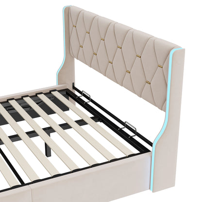 Bett 140x200 cm, Polsterbett mit Hydraulischem Stauraum und LED-Kopfteil, Doppelbett Stauraumbett mit Lattenrost, Funktionsbett