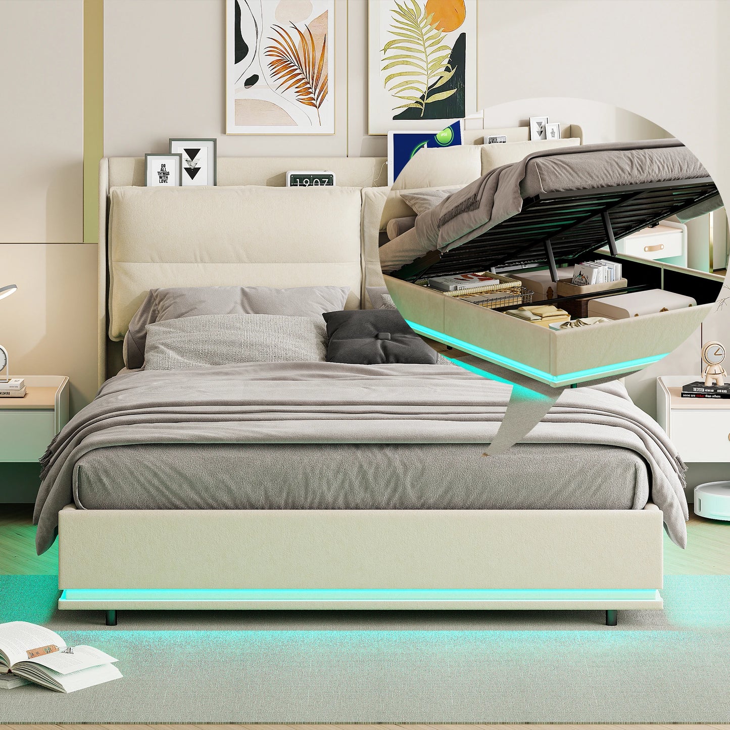 WoodenAura 140×200 cm Polsterbett, hydraulisches Doppelbett mit LED-Leuchten und Lattenrost, mit Rückenlehnenkopfteil