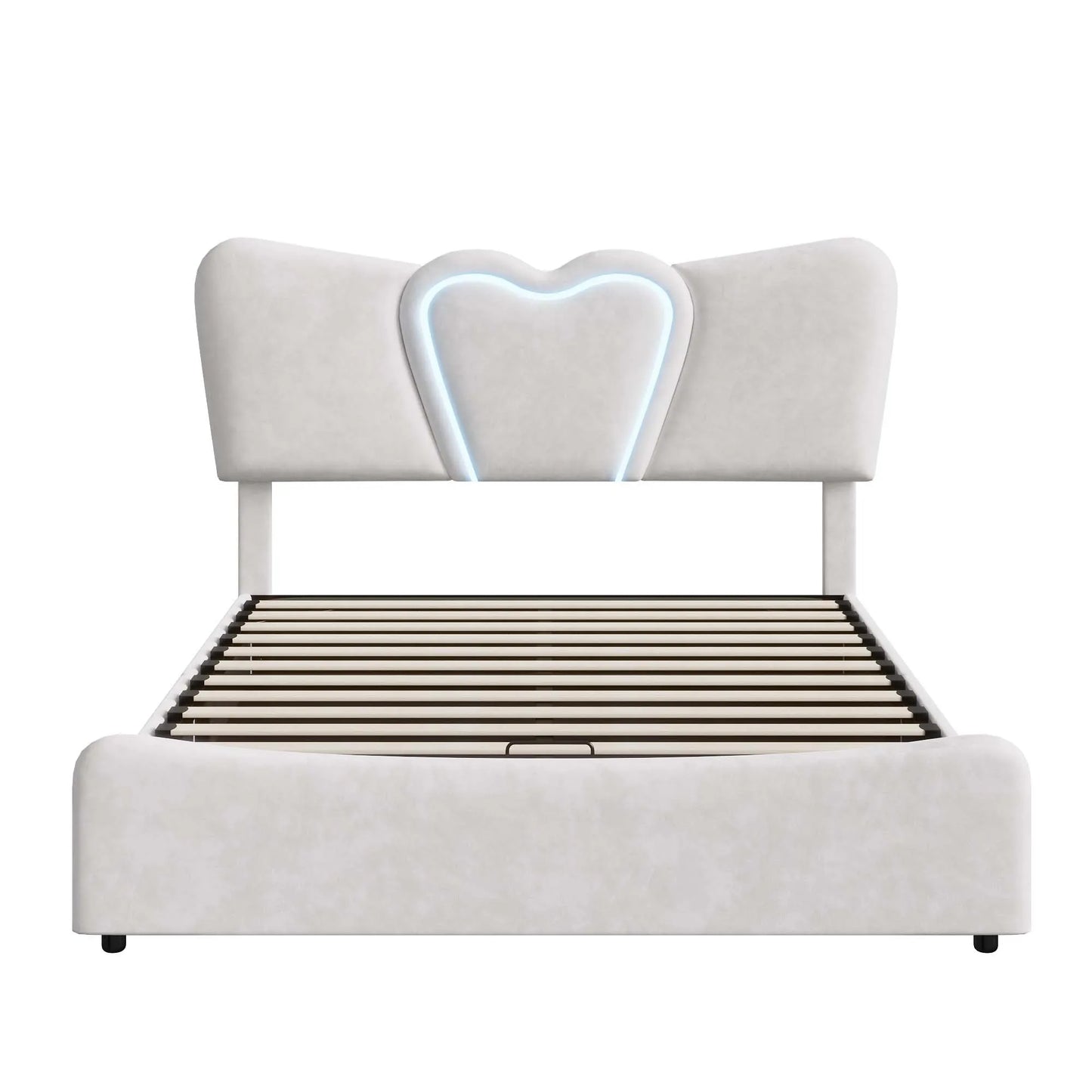 Doppelbett 140x200, LED Stauraumbett mit Lattenrost, Hydraulisch Polsterbett aus Kopfteil Höhenverstellbar, Herzform Kopfteil