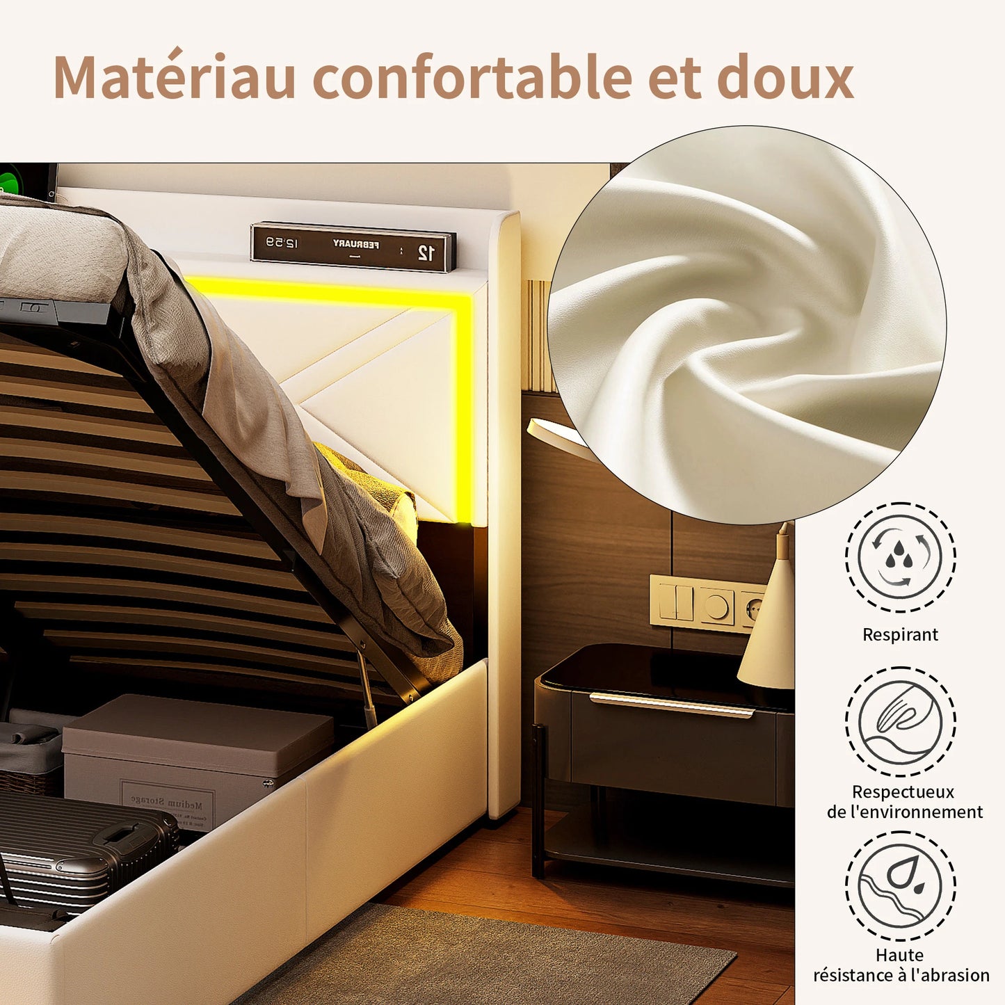 WoodenAura Hydraulisches Doppelbett, Polster bett mit Stauraum und LED-Beleuchtung, Metall rahmen Bett mit latten, PU-Leder weiß