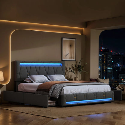 WoodenAura Bett 160x200 cm LED Doppelbett mit USB-Ladefunktion, Polsterbett Stauraumbett mit 4 Schubladen,Verstellbares Kopfteil